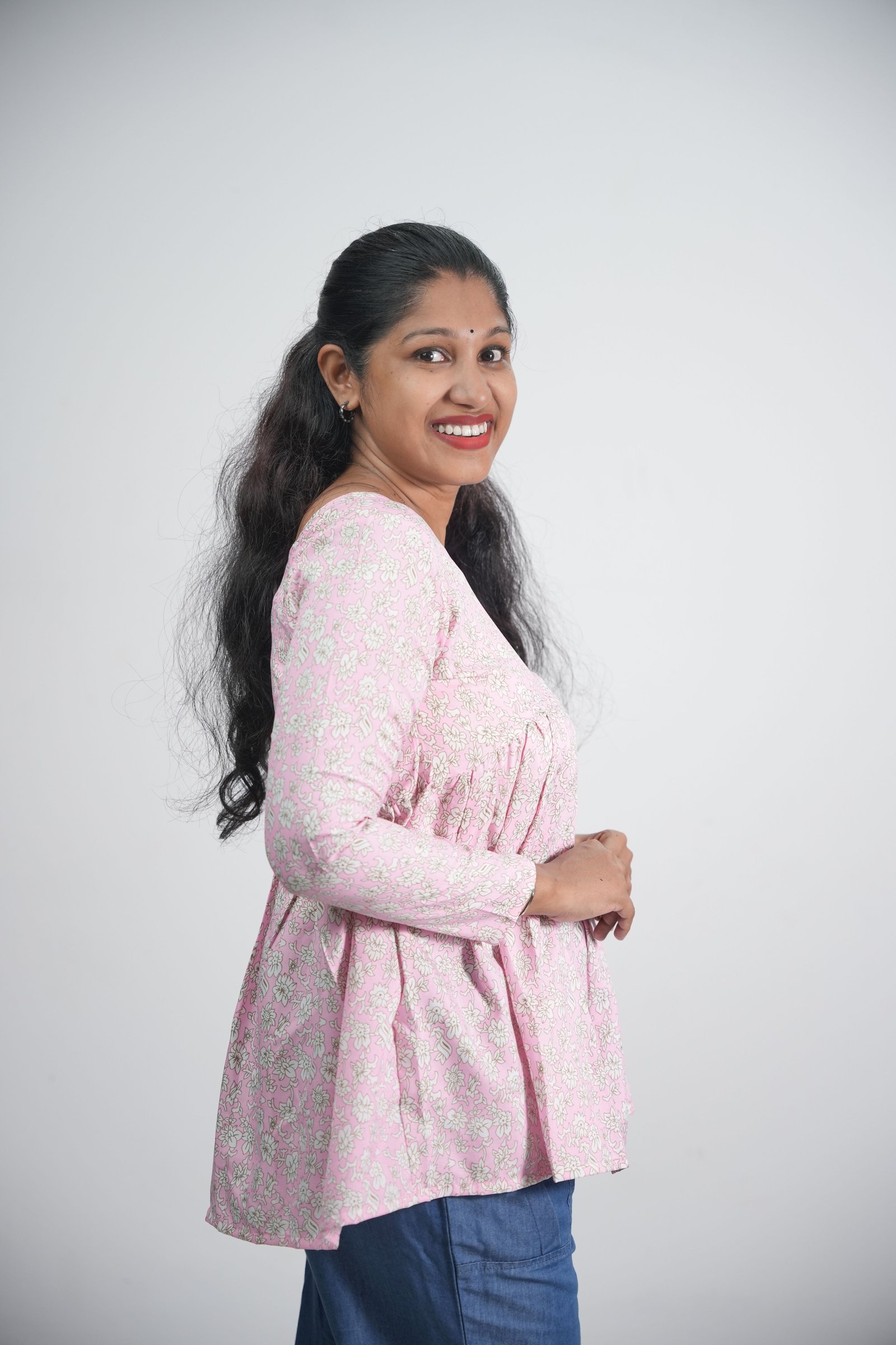 Womens Floral Print Pink Crepe Short Kurti